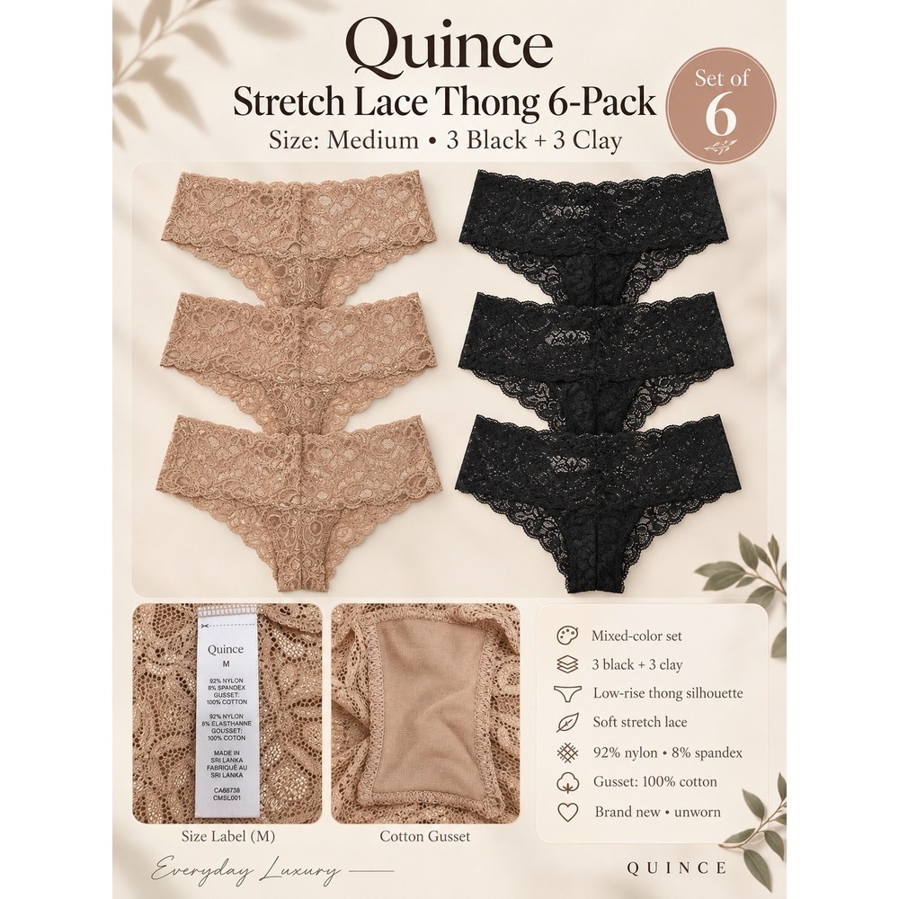 Quince Stretch Lace Thong 6-Pack Size Medium Black Clay Low Rise Floral NWOT